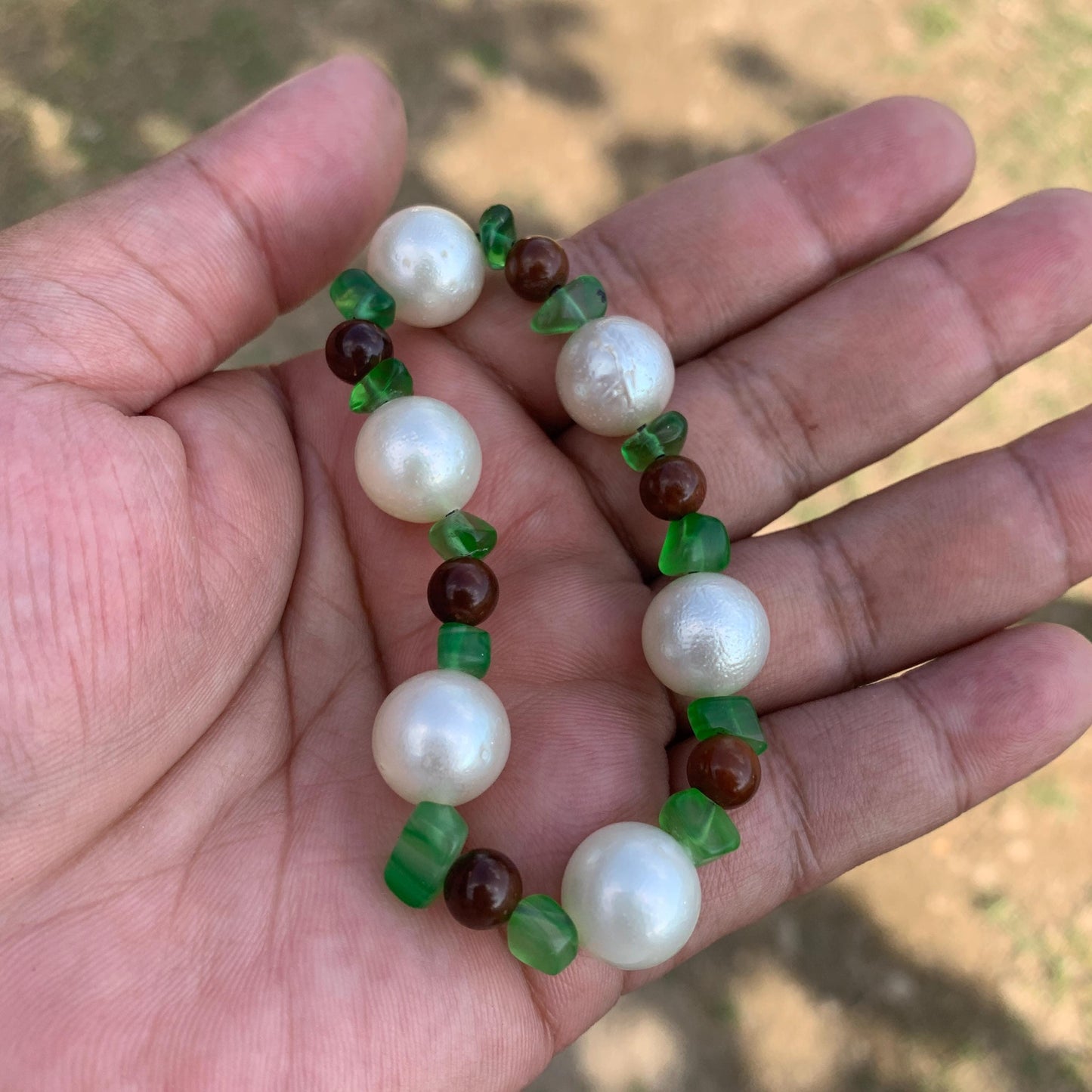 Real South Sea Pearl Bracelet Stone and Wood Accent, 12.5mm GR-6