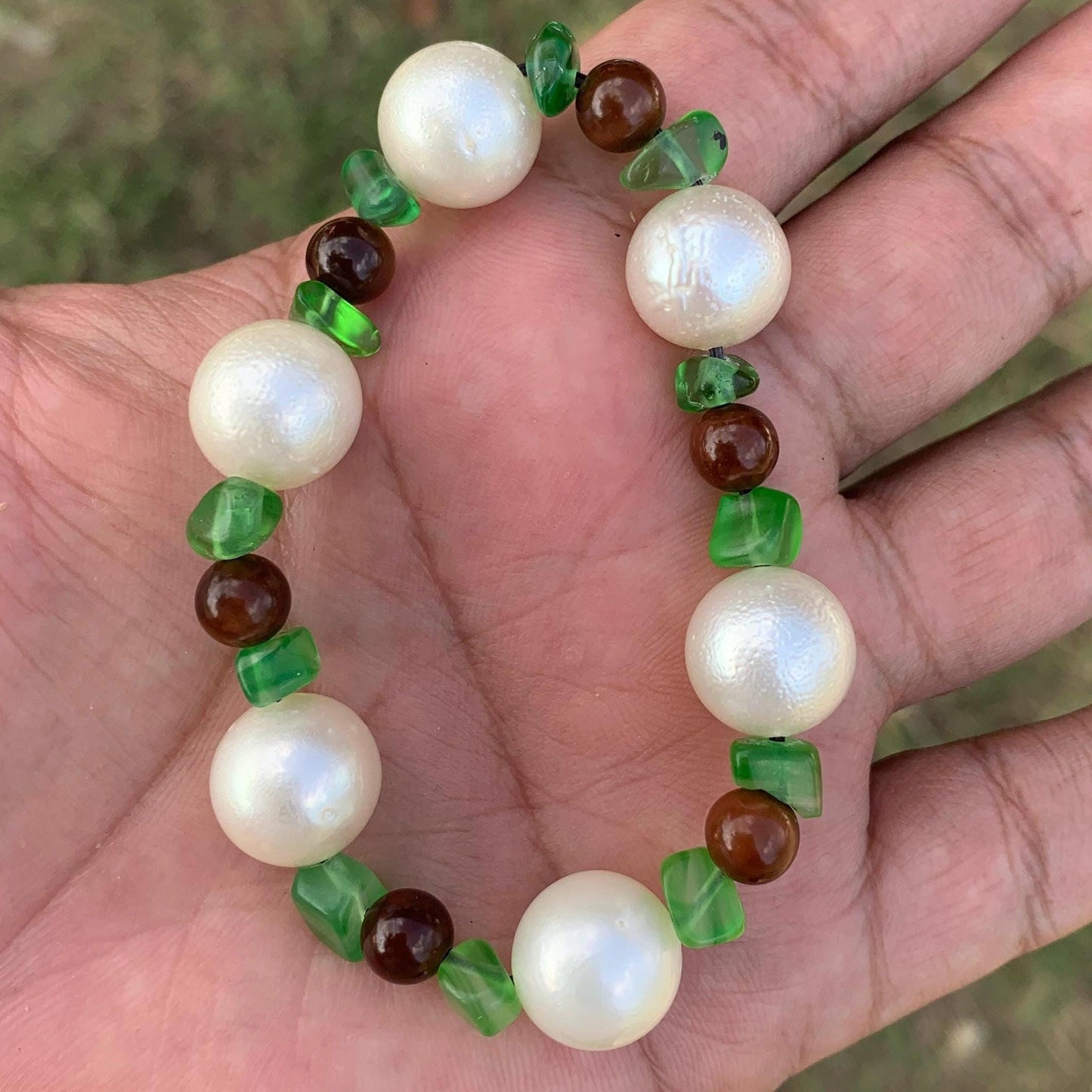 Real South Sea Pearl Bracelet Stone and Wood Accent, 12.5mm GR-6