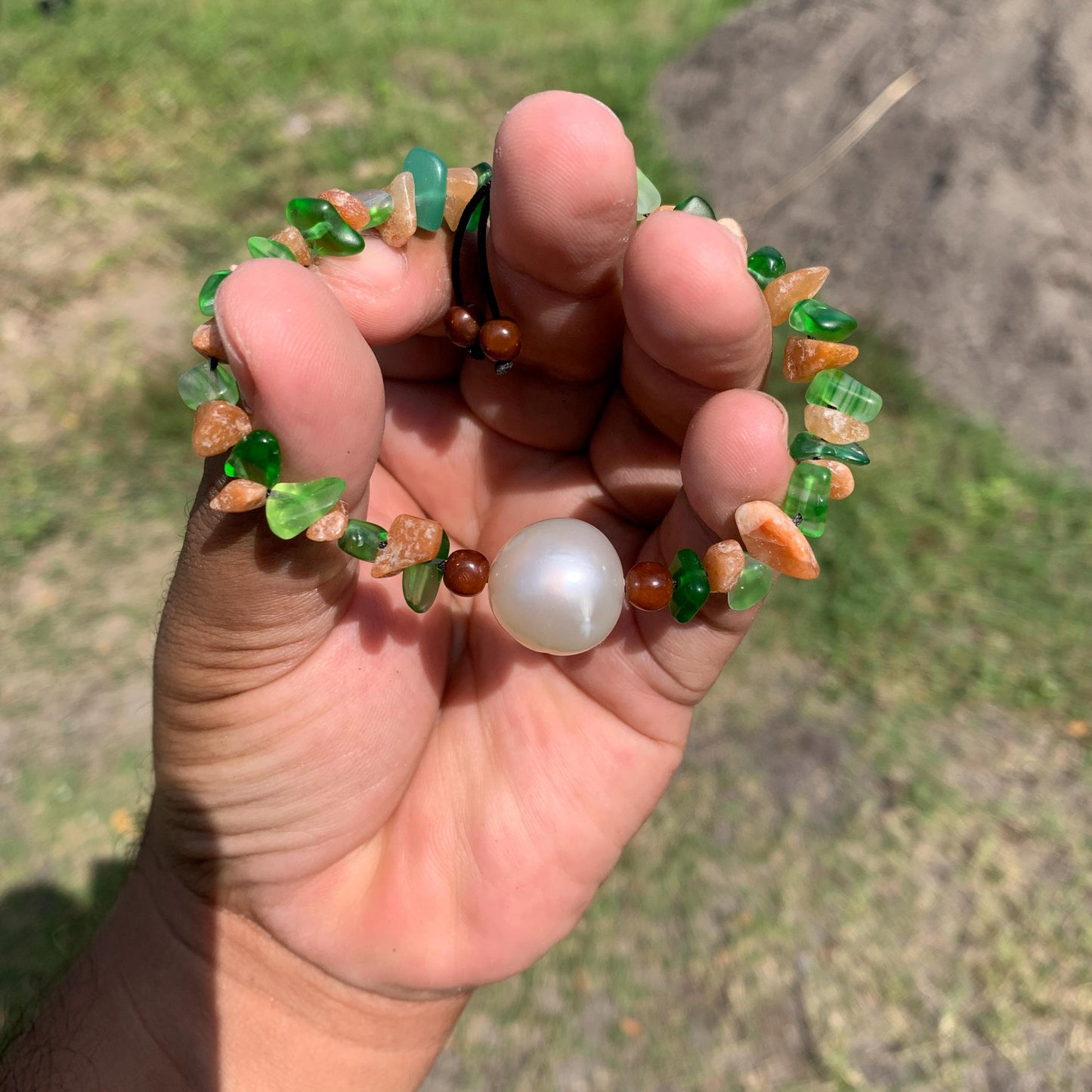 Real South Sea Pearl Bracelet Stone and Wood Accent, 16.4mm BSP-2