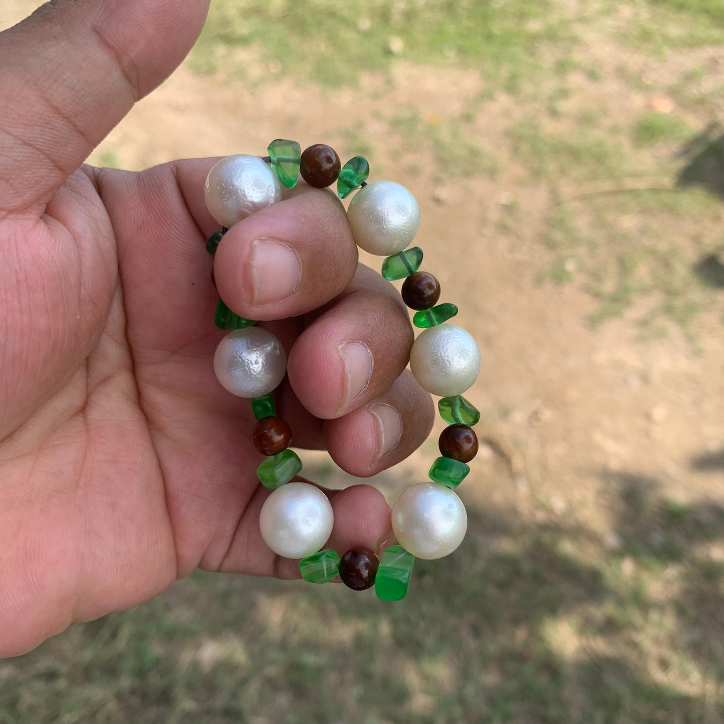 Real South Sea Pearl Bracelet Stone and Wood Accent, 12.5mm GR-6