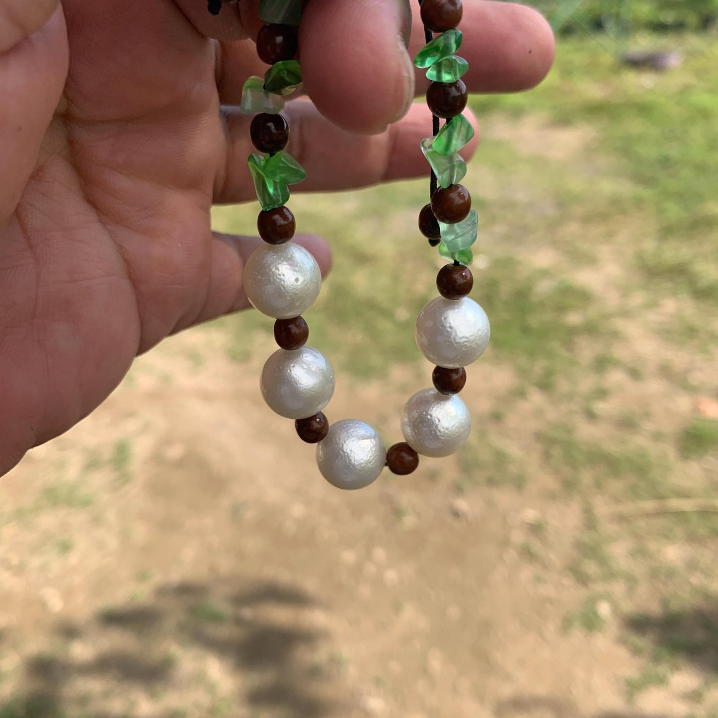 Real South Sea Pearl Bracelet Stone and Wood Accent, 12mm GR-5