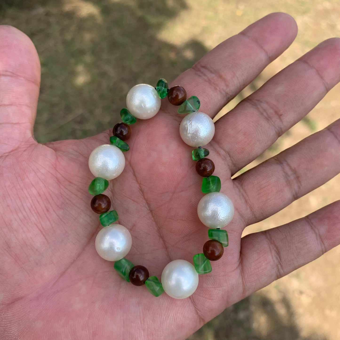 Real South Sea Pearl Bracelet Stone and Wood Accent, 12.5mm GR-6