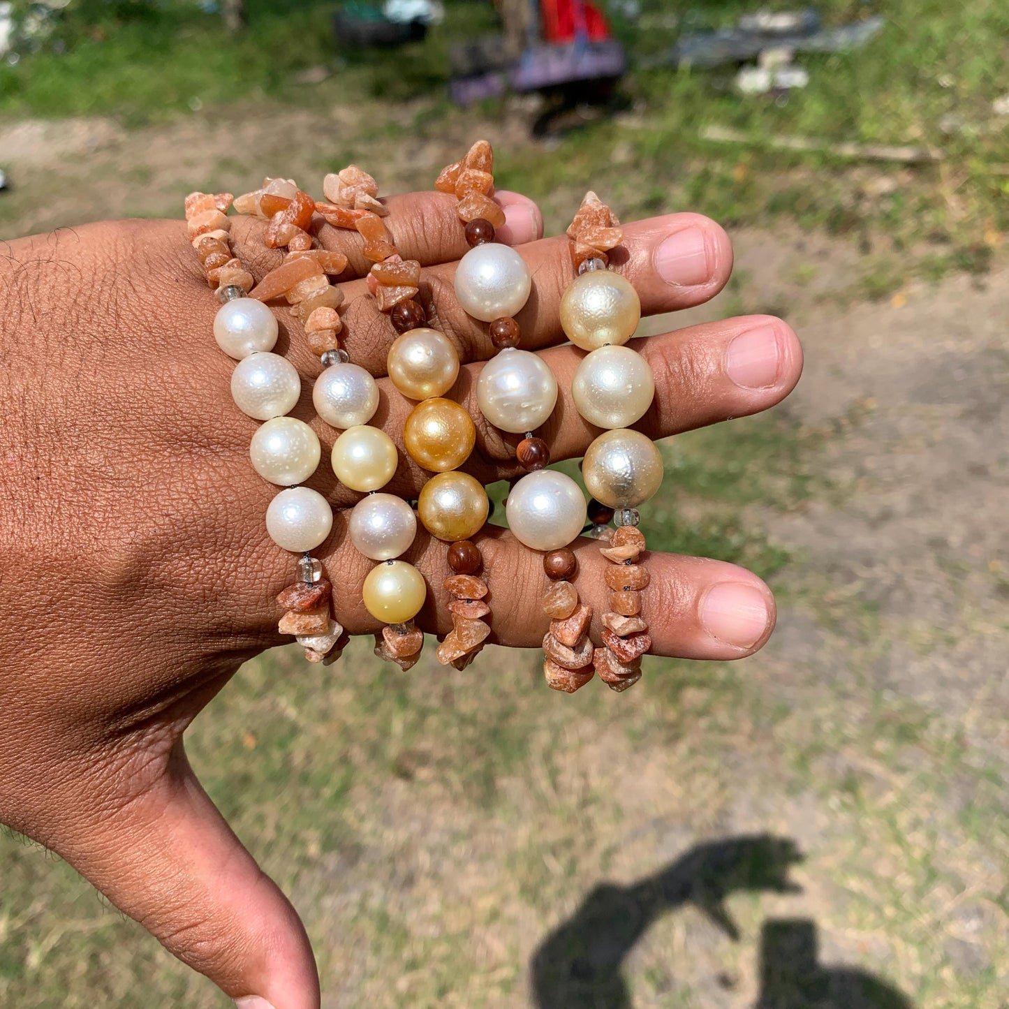 Real South Sea Pearl Bracelet With Stone and Wood Real Seawater Saltwater Pearl Stone Wood Bracelet BoZorX GR-A