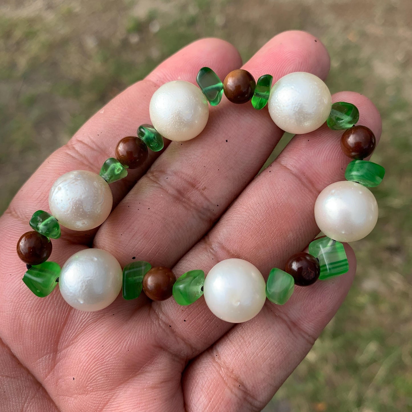 Real South Sea Pearl Bracelet Stone and Wood Accent, 13mm Var-1