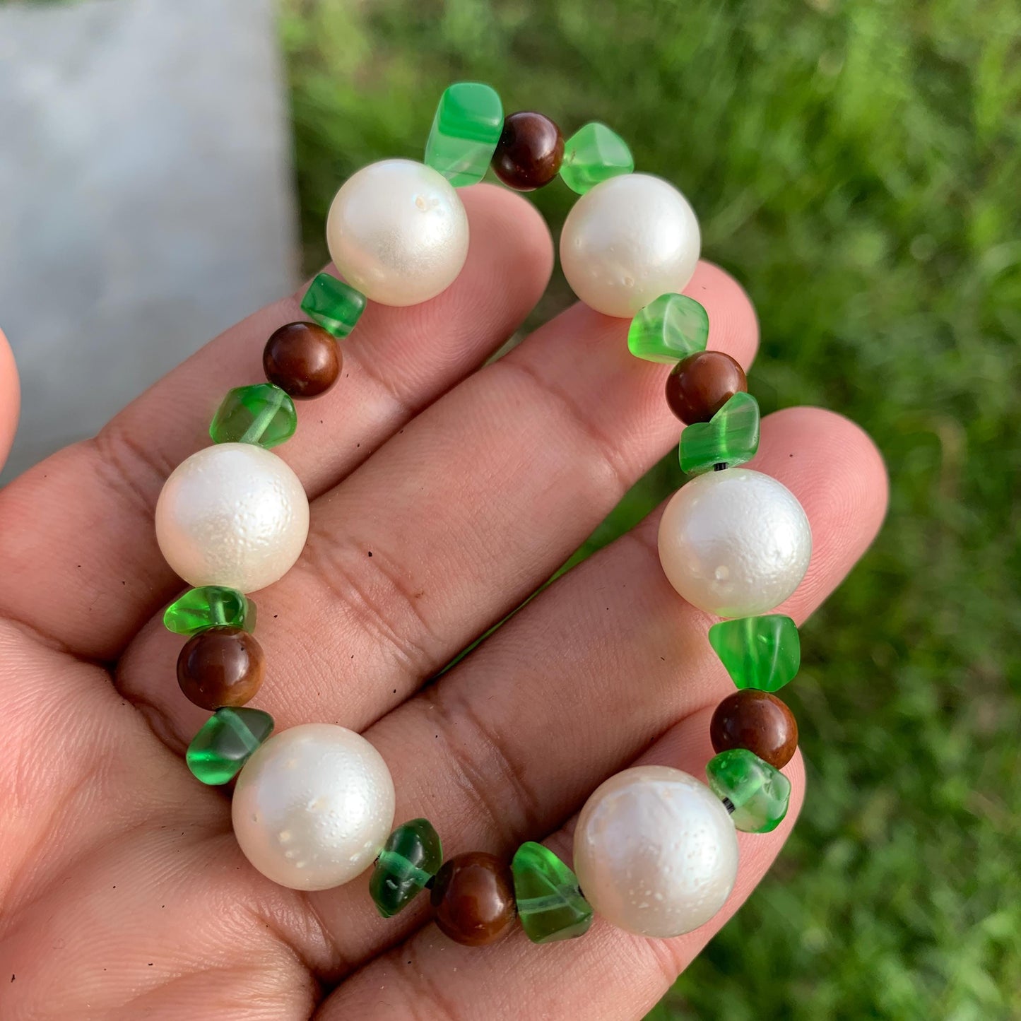 Real South Sea Pearl Bracelet Stone and Wood Accent, 13mm Var-1