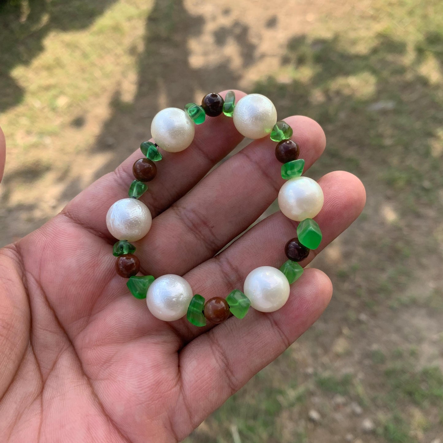 Real South Sea Pearl Bracelet Stone and Wood Accent, 12.5mm GR-6