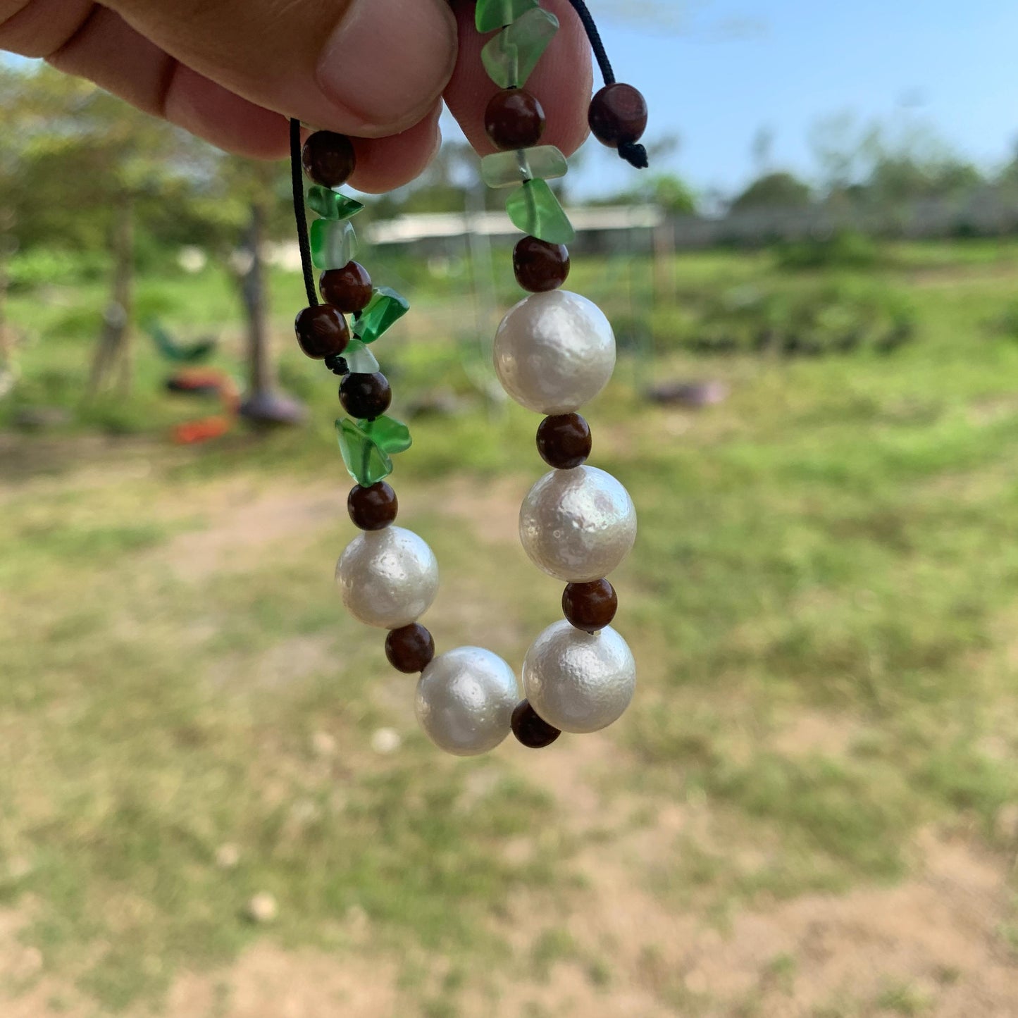 Real South Sea Pearl Bracelet Stone and Wood Accent, 12mm GR-5