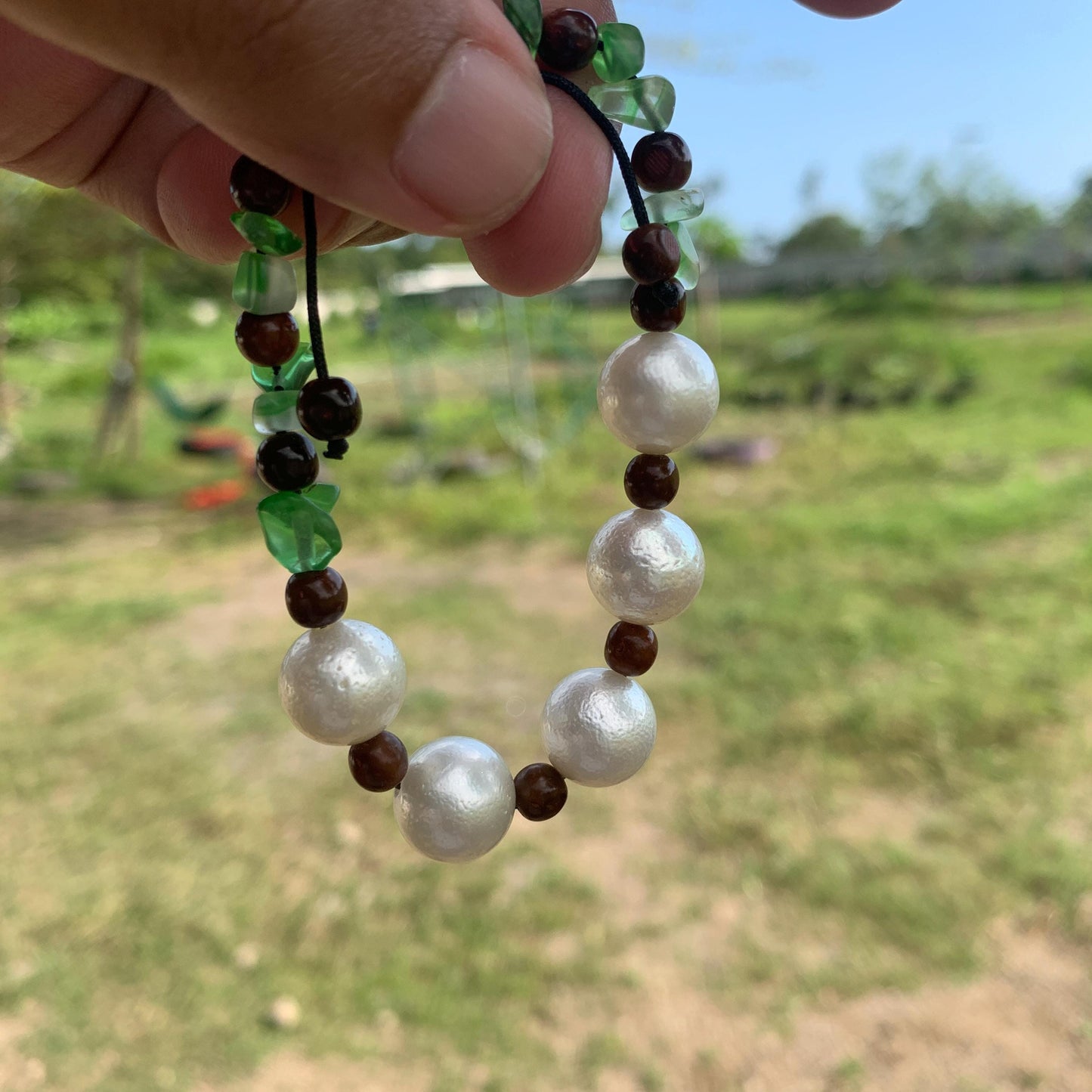 Real South Sea Pearl Bracelet Stone and Wood Accent, 12mm GR-5