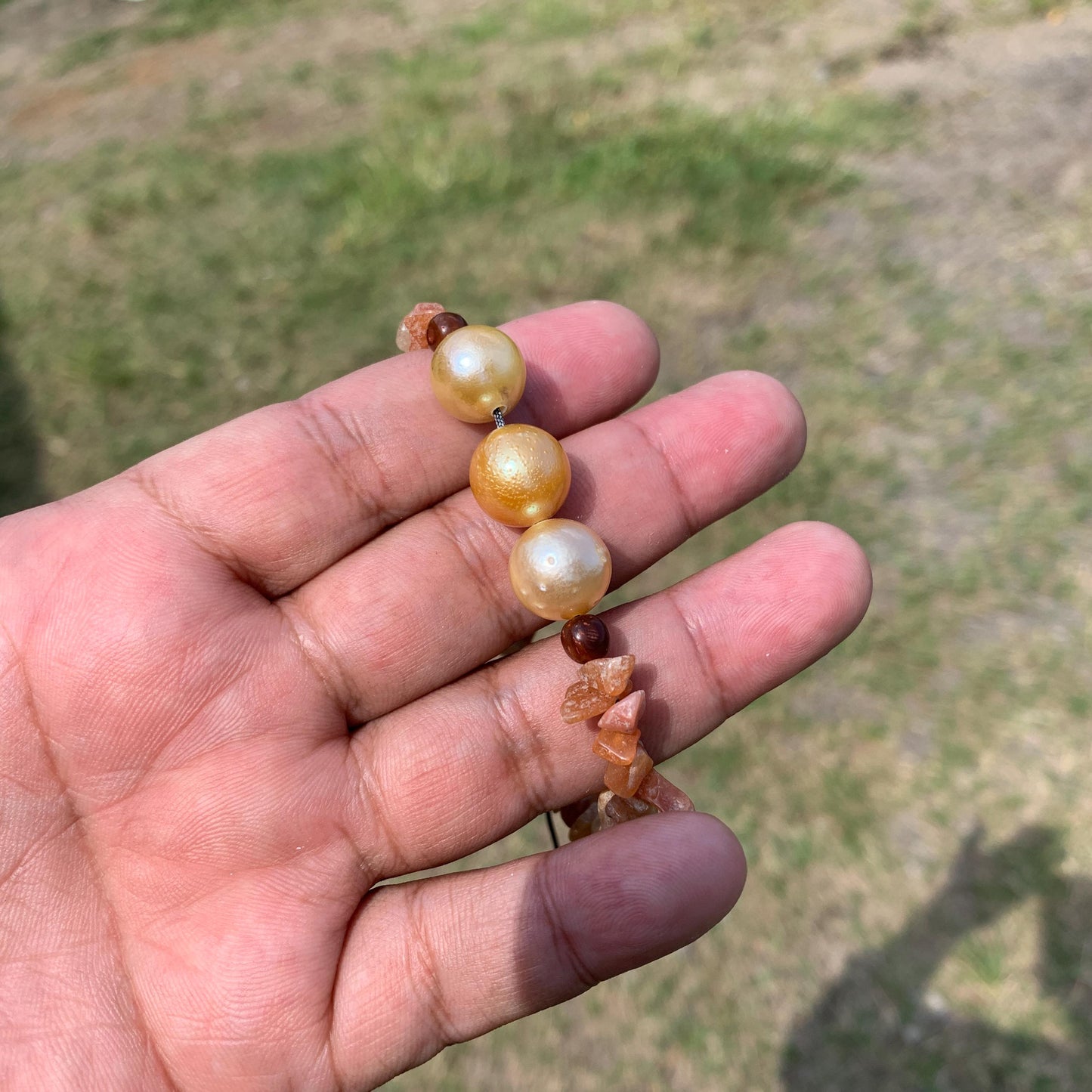 Real South Sea Pearl Bracelet With Stone and Wood Real Seawater Saltwater Pearl Stone Wood Bracelet BoZorX GR-A